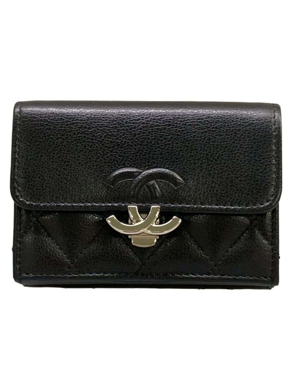 Chanel Trifold Wallet Small Flap Walletmatelasse Black Double Coco Clip Silver